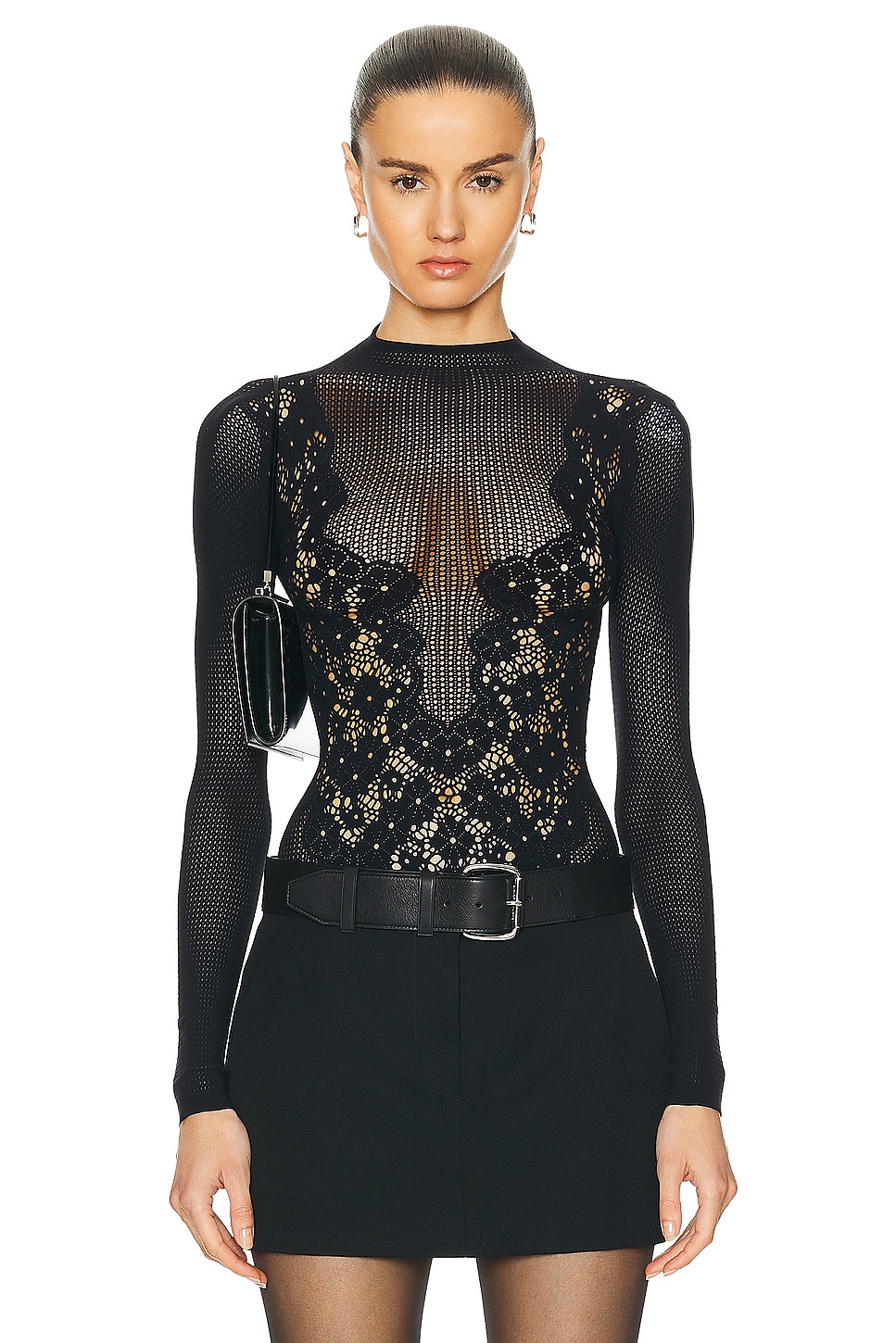 Image 1 of Wolford Flower Lace String Bodysuit in Black