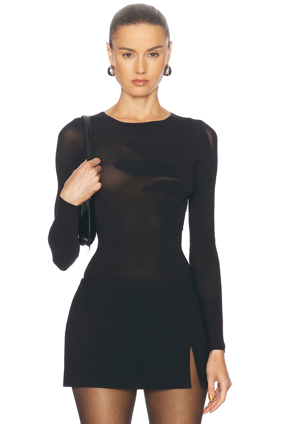 Image 1 of Wolford Body Tattoo Long Sleeve Top in Black & Black