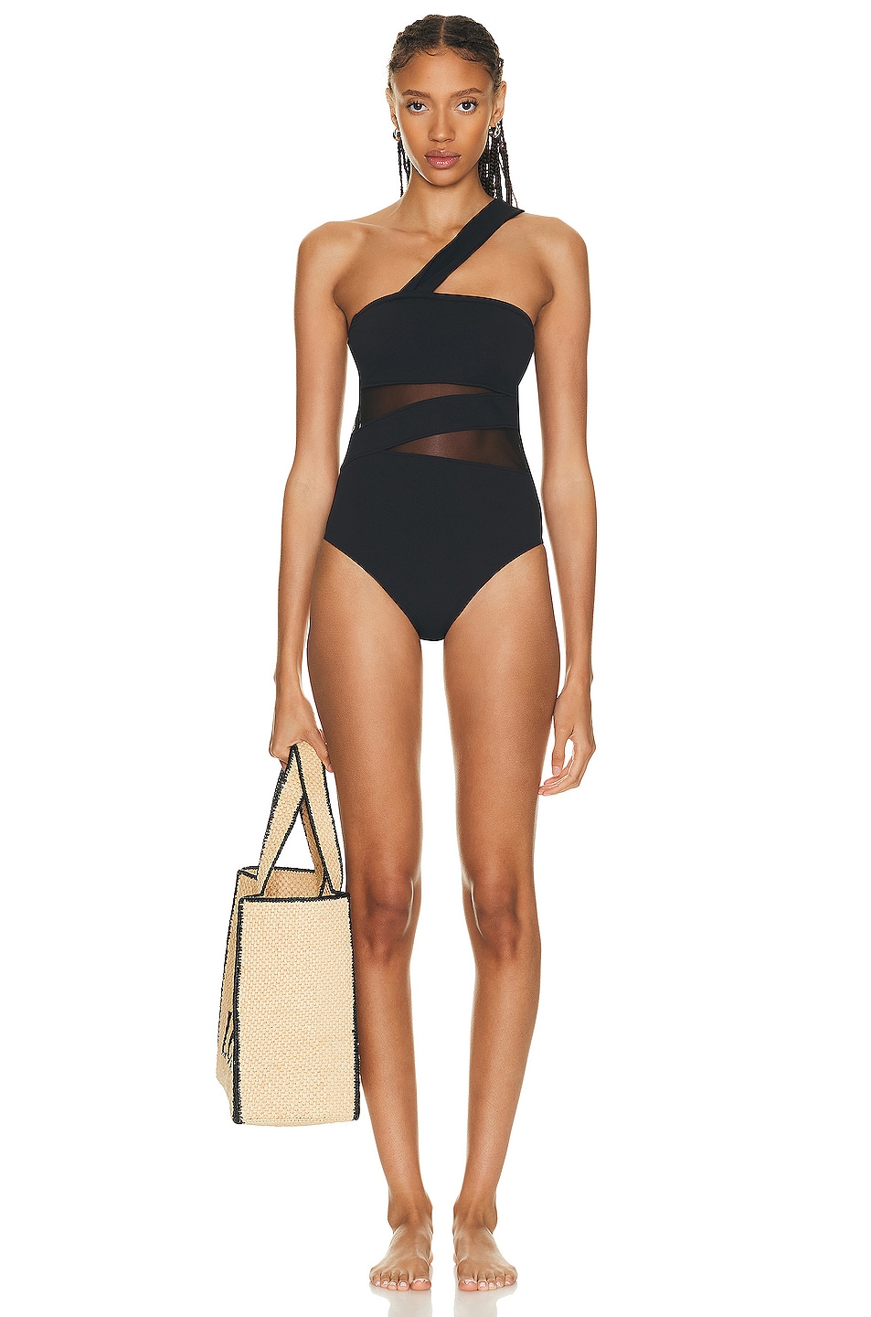 Image 1 of Wolford Cindy Sheer & Opaque One Piece Swimsuit in Black