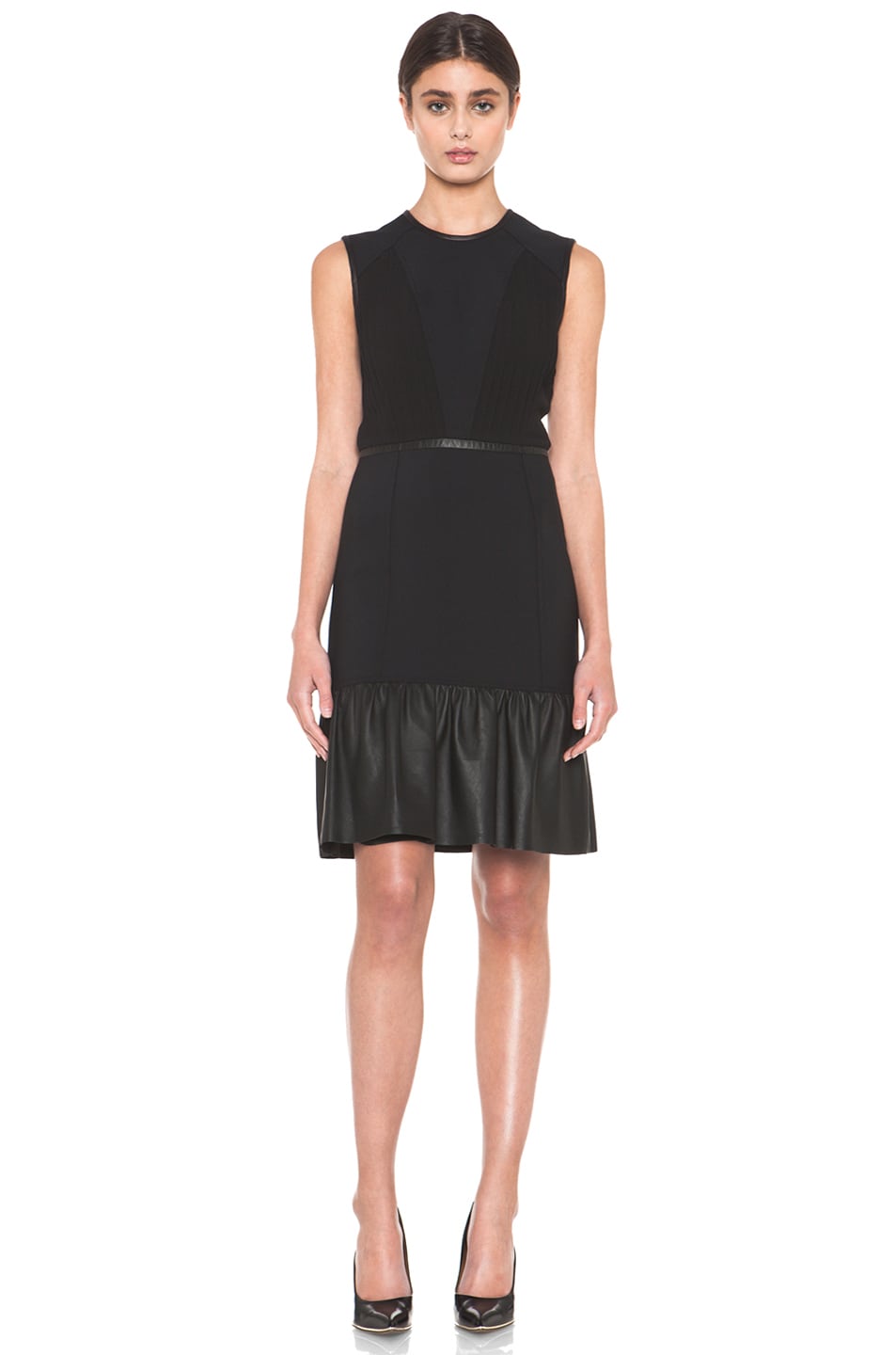 Image 1 of Yigal Azrouel Crepe Woven Dress with Leather in Jet