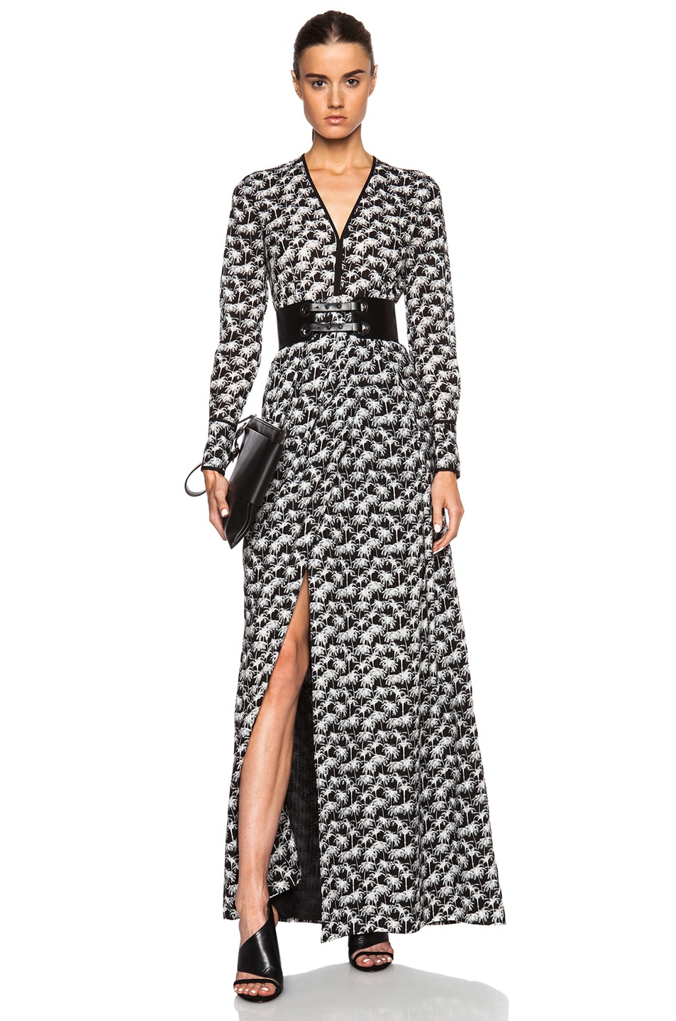 Image 1 of Yigal Azrouel Deep V Palm Tree Dress in Jet Optic
