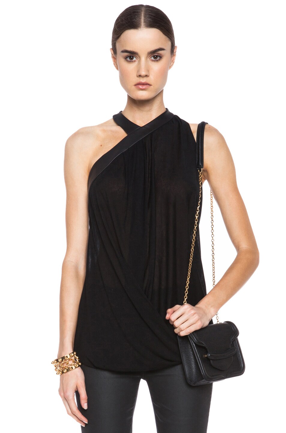 Image 1 of Yigal Azrouel Leather Drapy Top in Jet Black