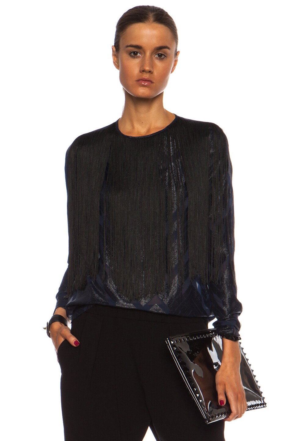 Image 1 of Yigal Azrouel Chevron Fringe Silk-Blend Top in Midnight