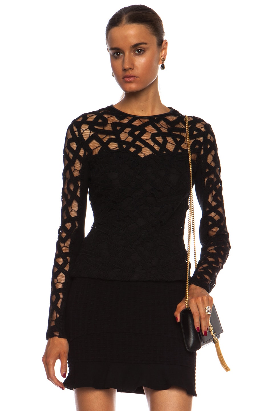 Image 1 of Yigal Azrouel Interlocking Chains Lacework Cotton-Blend Top in Black