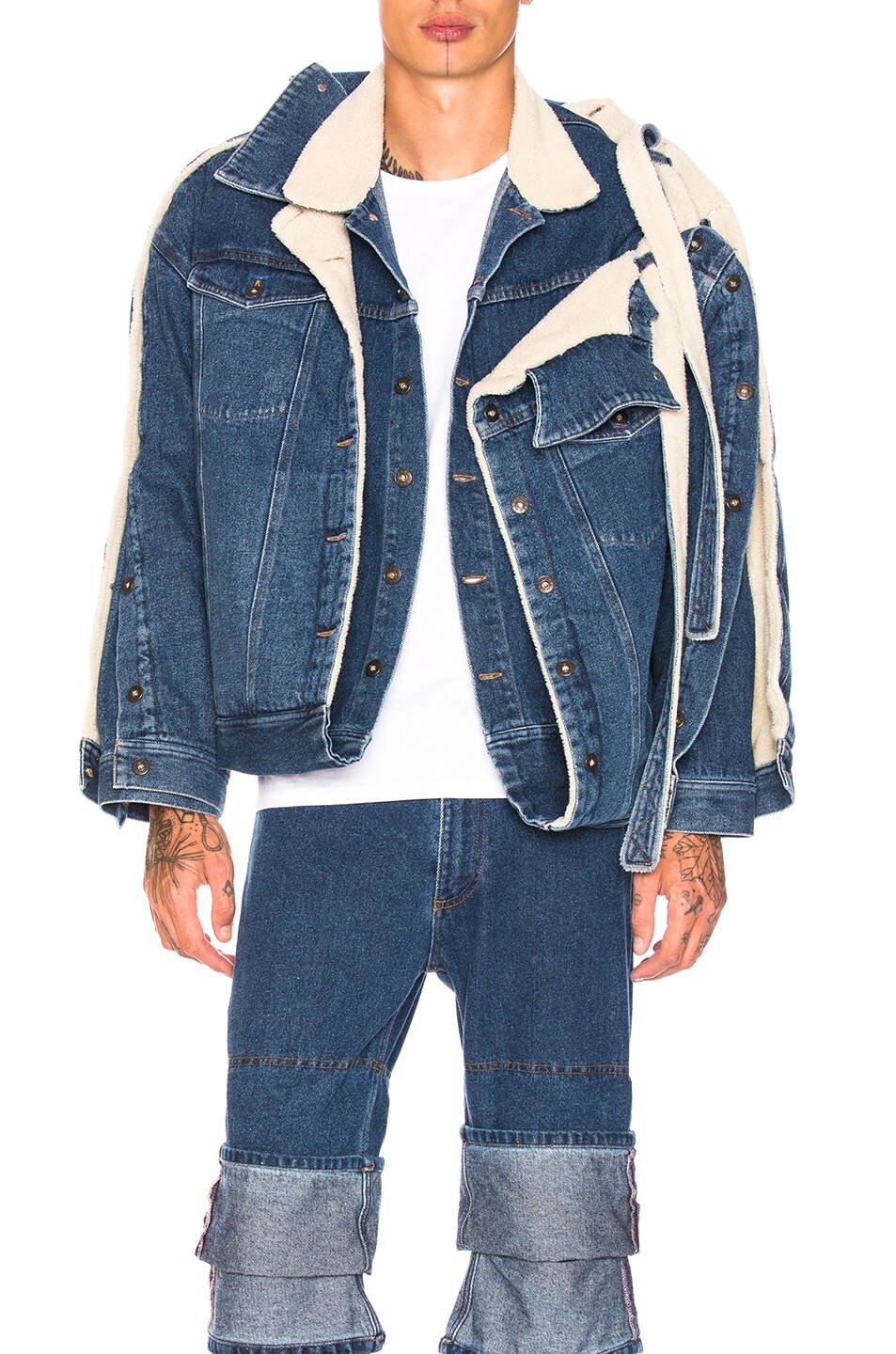 Image 1 of Y/Project Double Layered Denim Jacket with Sherpa Lining in Navy