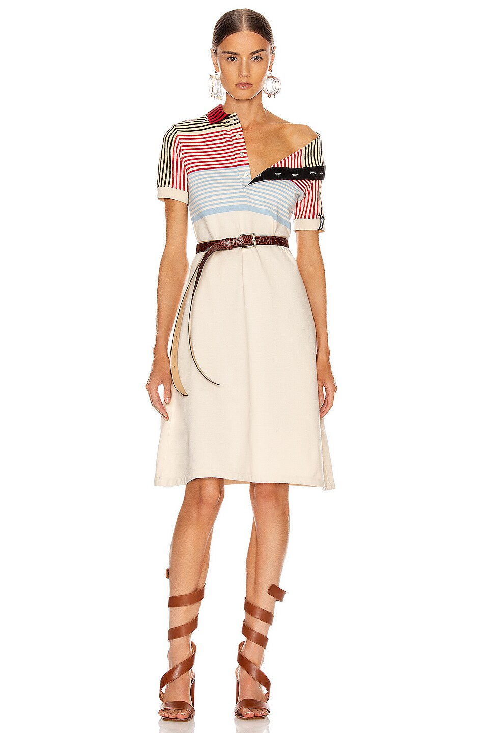 Image 1 of Y/Project Asymmetric Collar Polo Dress in Beige Stripe