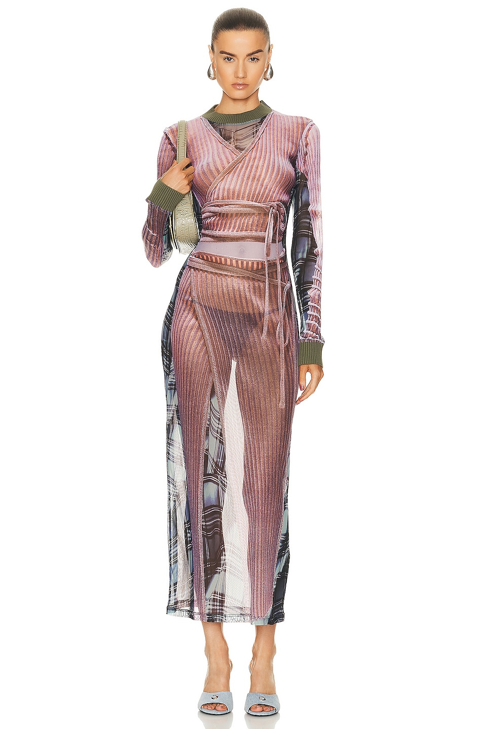 Image 1 of Y/Project x Jean-Paul Gaultier Trompe L'oeil Wrap Knit Maxi Dress in Light Pink & Grey