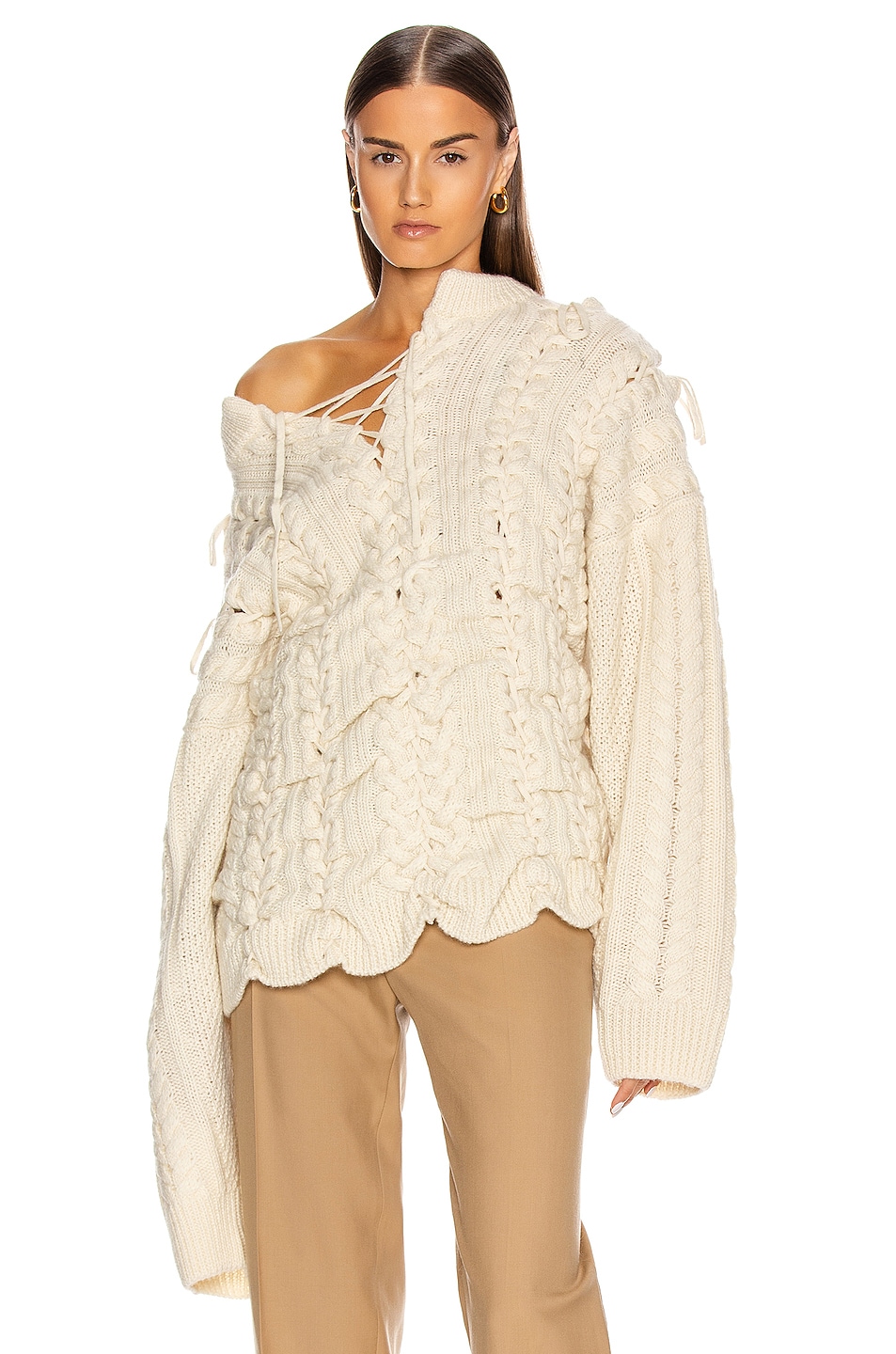 Image 1 of Y/Project Lace Up Knit Sweater in Beige