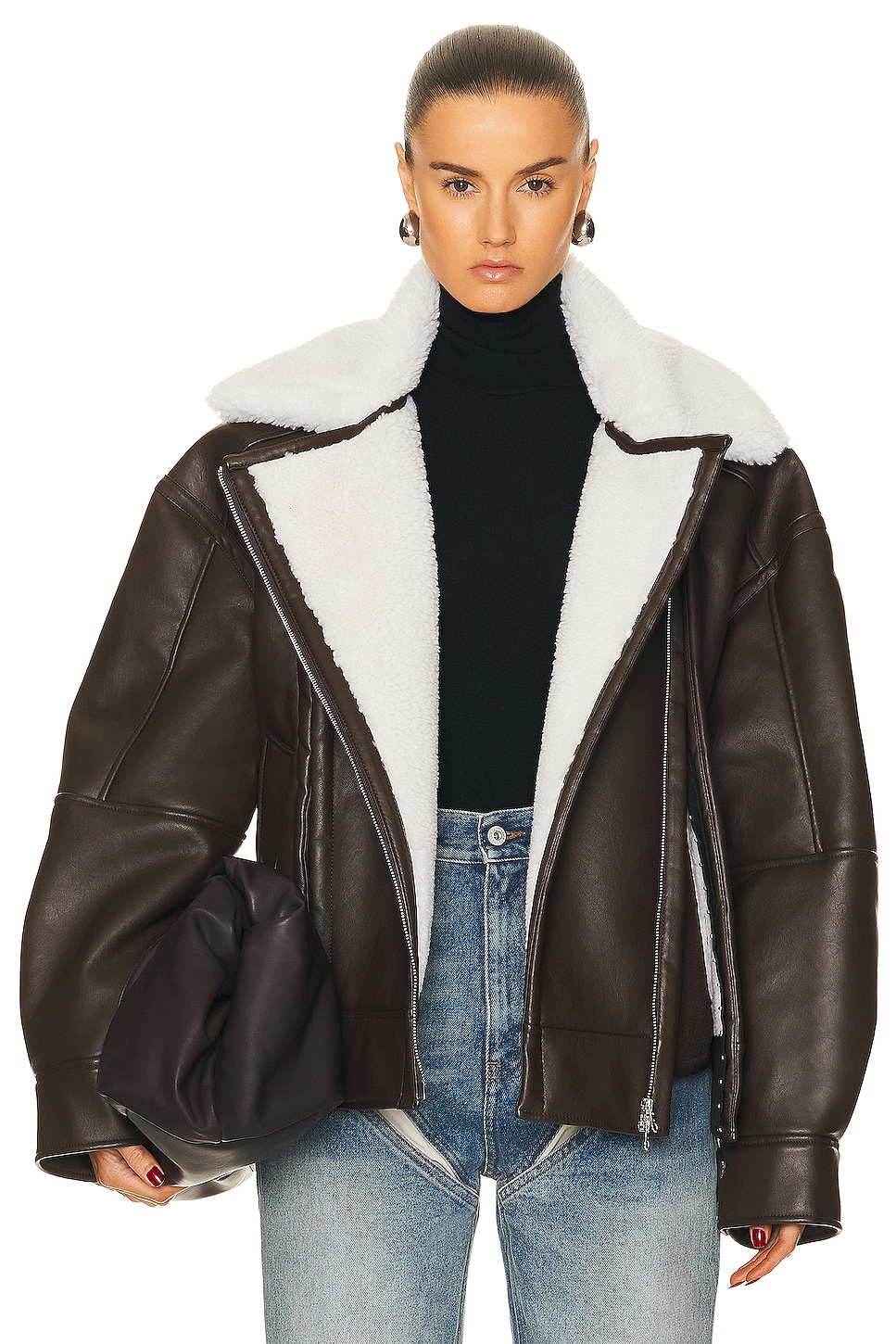 Image 1 of Y/Project Faux Shearling Leather Jacket in Dark Brown & Off White