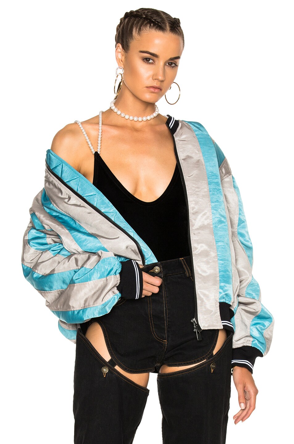 Image 1 of Y/Project Striped Bomber Jacket in Gray & Blue