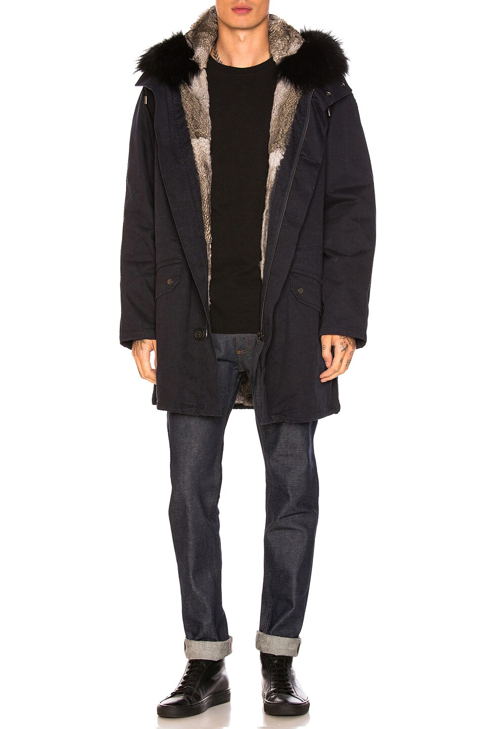 Image 1 of Yves Salomon Cotton Parka with Rabbit and Raccoon Fur in Navy & Black