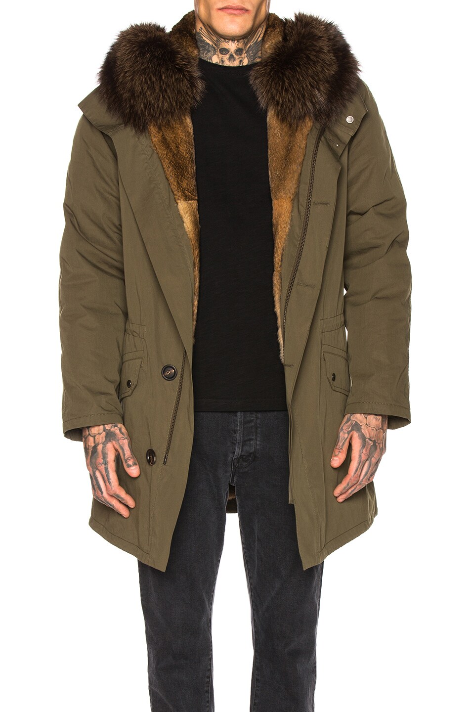 Image 1 of Yves Salomon Parka with Rabbit and Fox Fur in Hunter Green & Oil