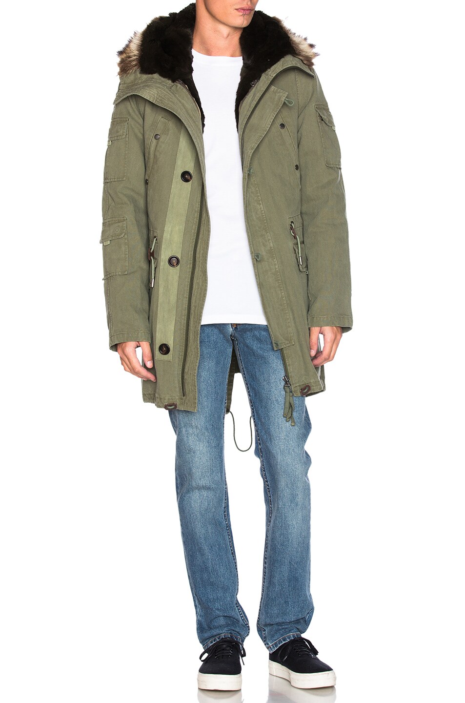 Image 1 of Yves Salomon Canvas Parka with Natural Rabbit and Coyote Fur in Green