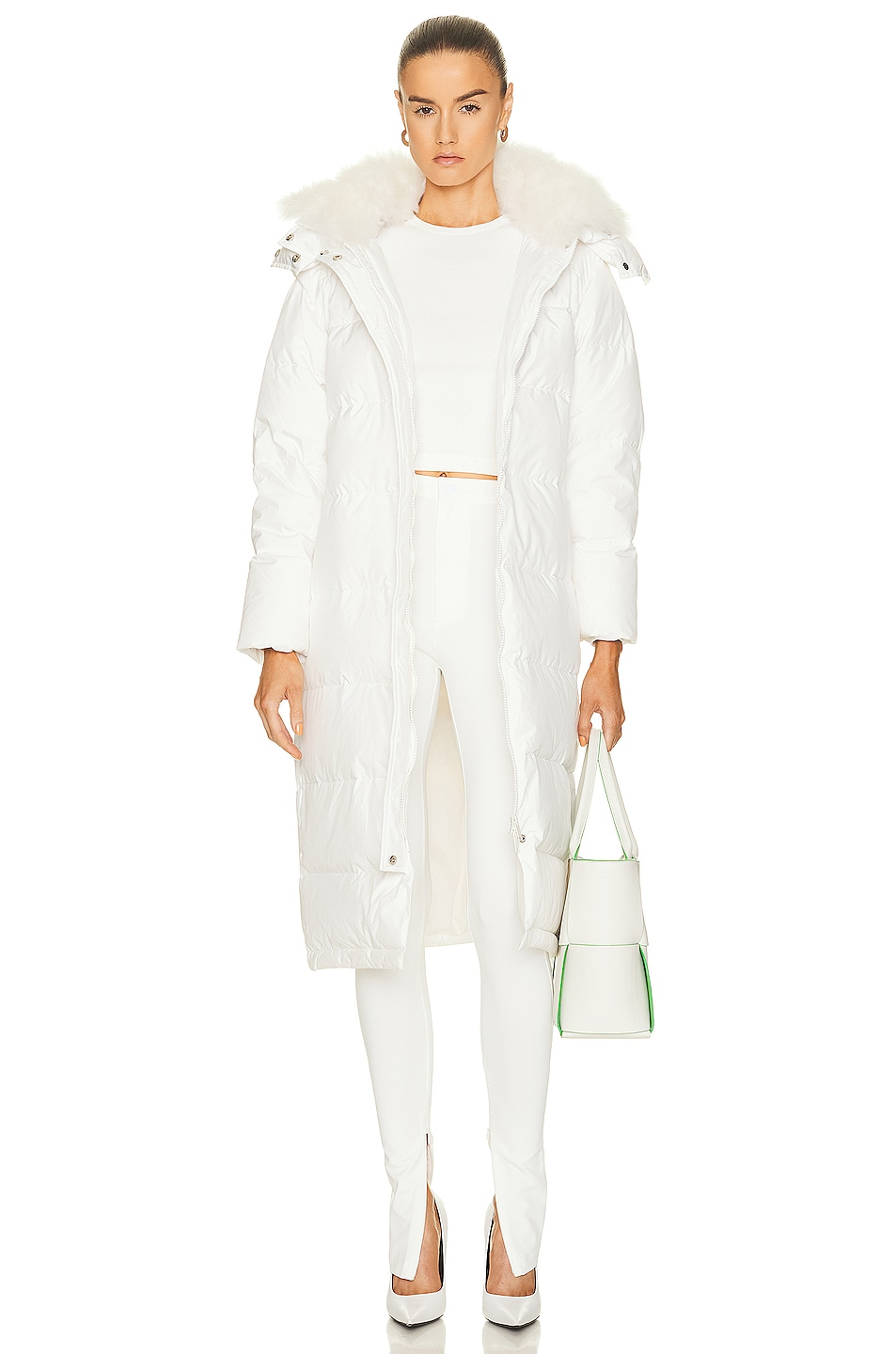 Image 1 of Yves Salomon Long Belted Hooded Down Removable Collar Jacket in Pure