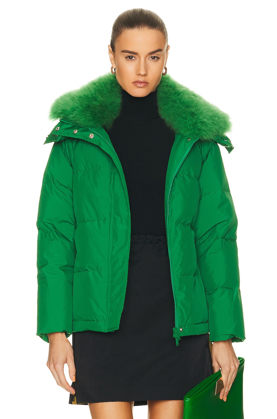 Image 1 of Yves Salomon Belted Hooded Down Removable Collar Jacket in Chlorophyll