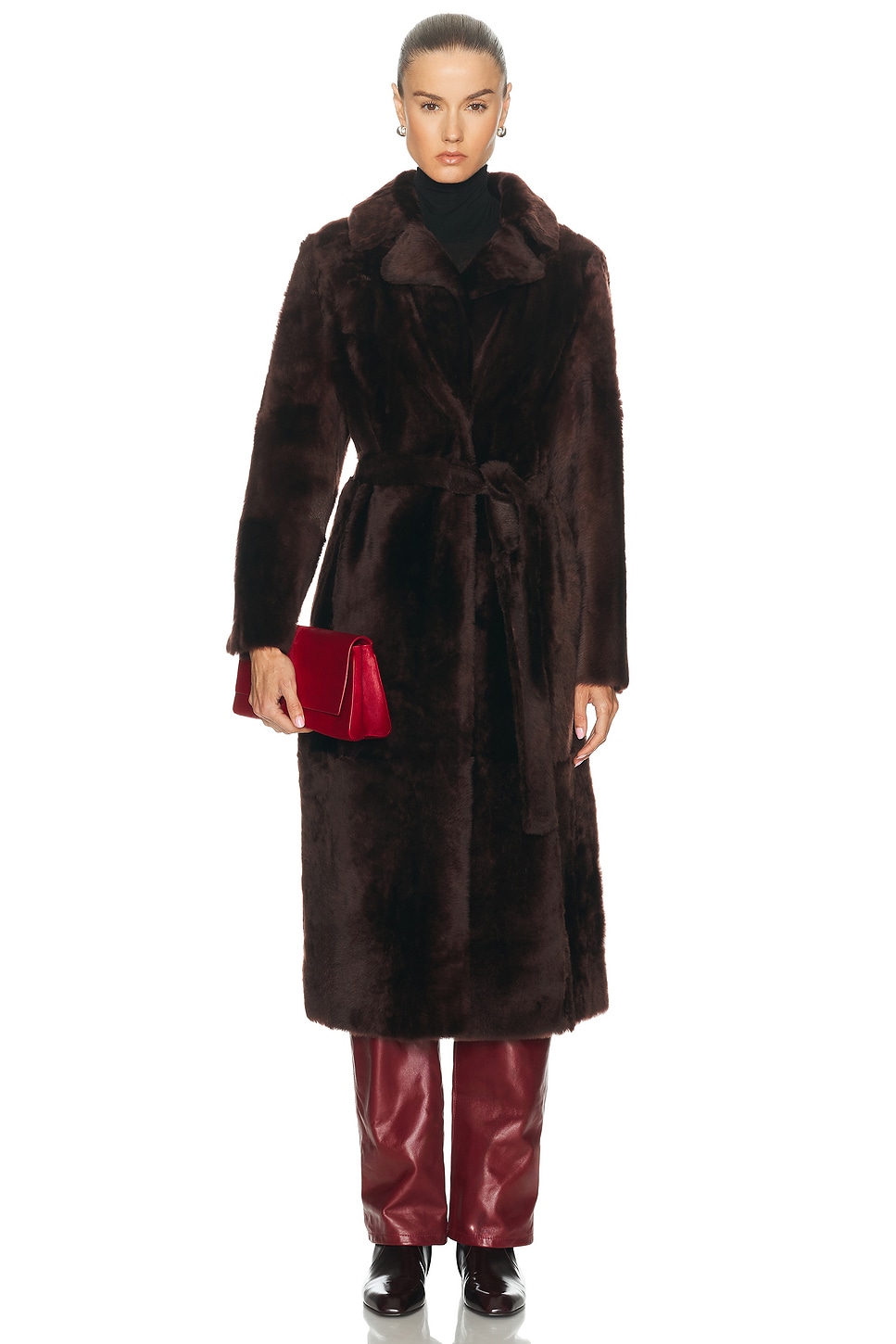 Image 1 of Yves Salomon Long Belted Reversible Shearling Coat in Deep Grenat