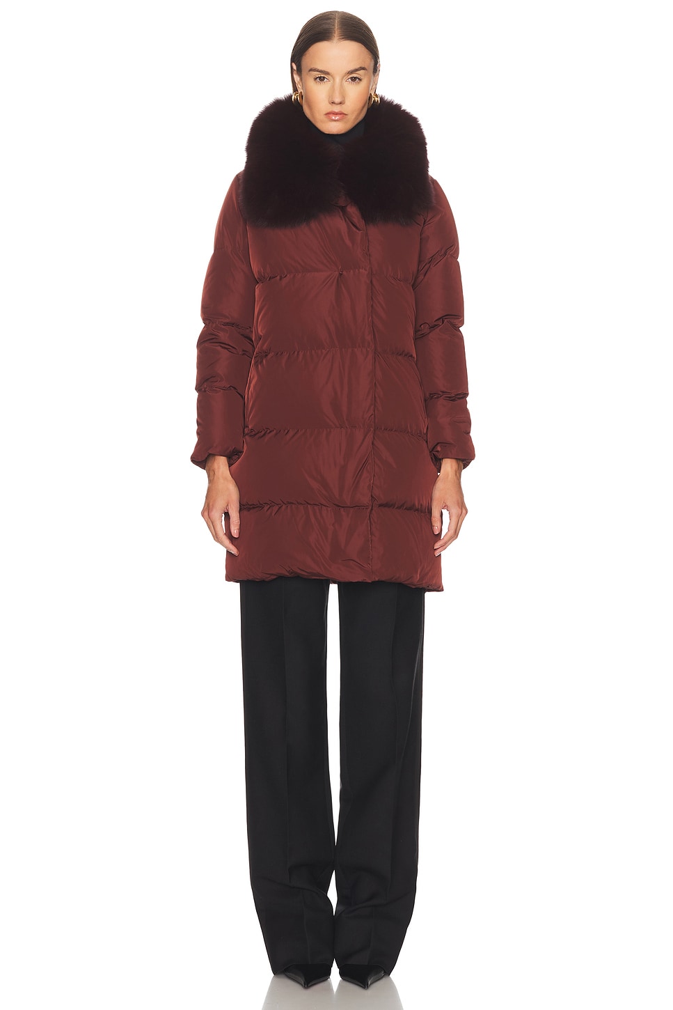 Yves Salomon Long Belted Down Jacket In Burgundy
