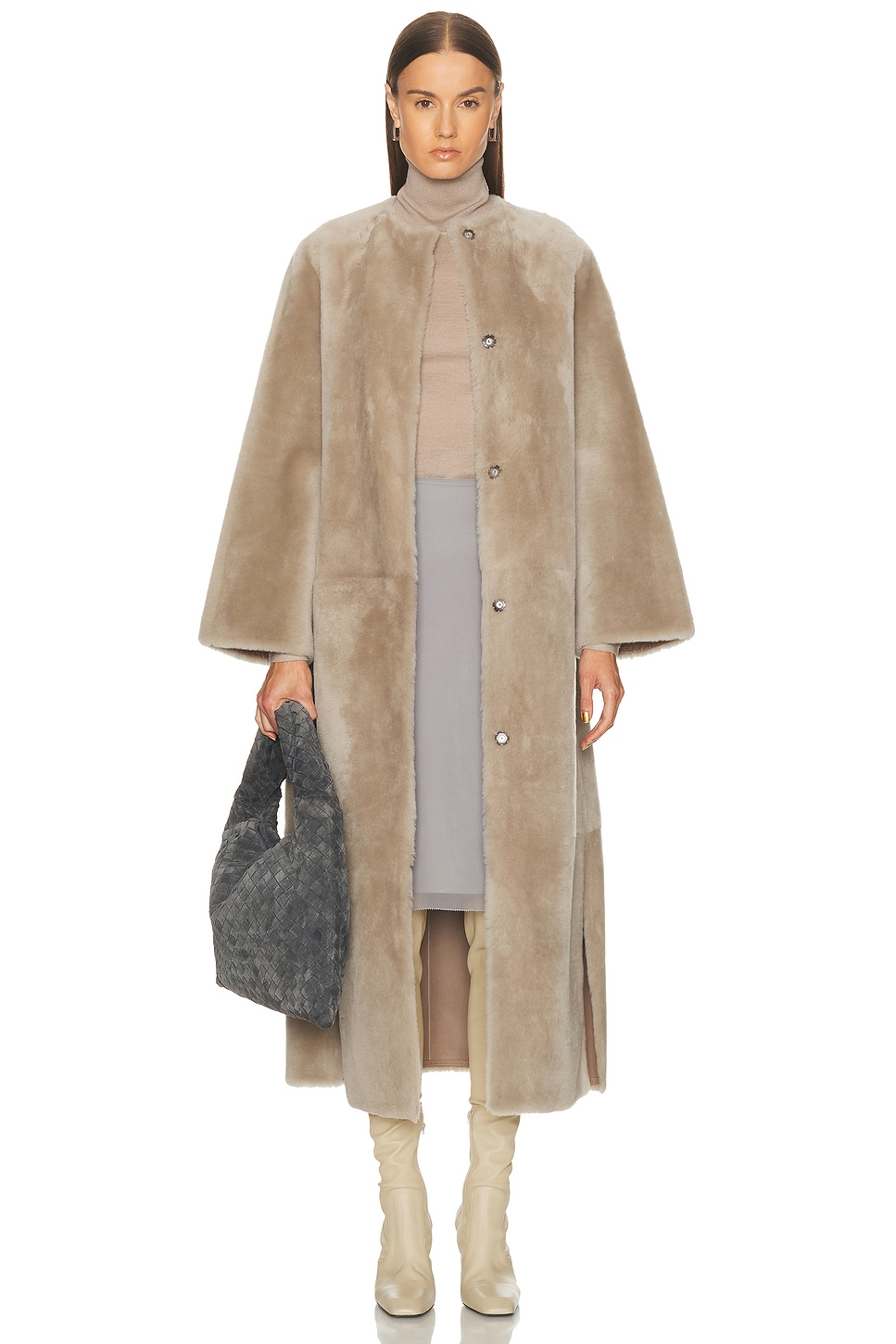 Image 1 of Yves Salomon Extra Long Draped Shearling Reversible Coat in Moon