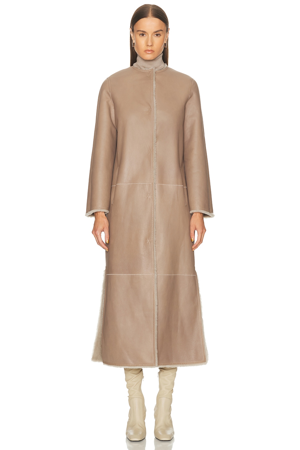 Yves Salomon Extra Long Draped Shearling Reversible Coat In Neutral