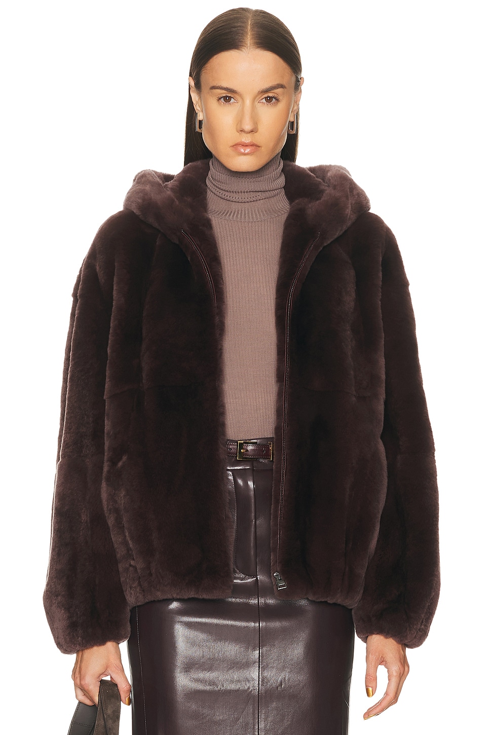 Image 1 of Yves Salomon Hooded Reversible Jacket in Deep Grenat