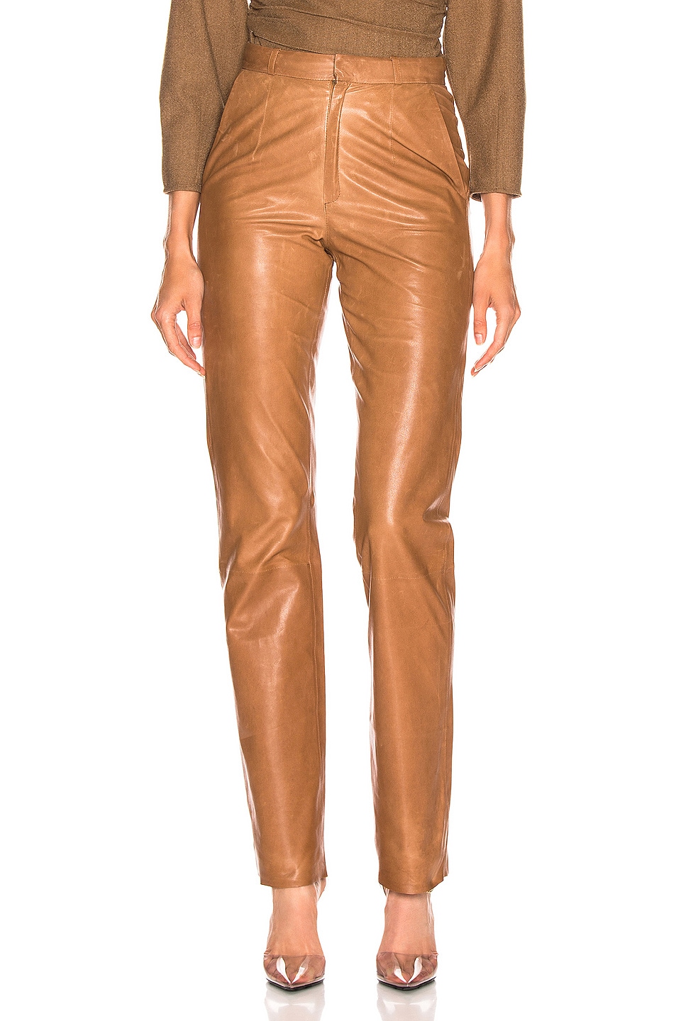 Image 1 of Zeynep Arcay High Waisted Cigarette Leather Pant in Light Taba