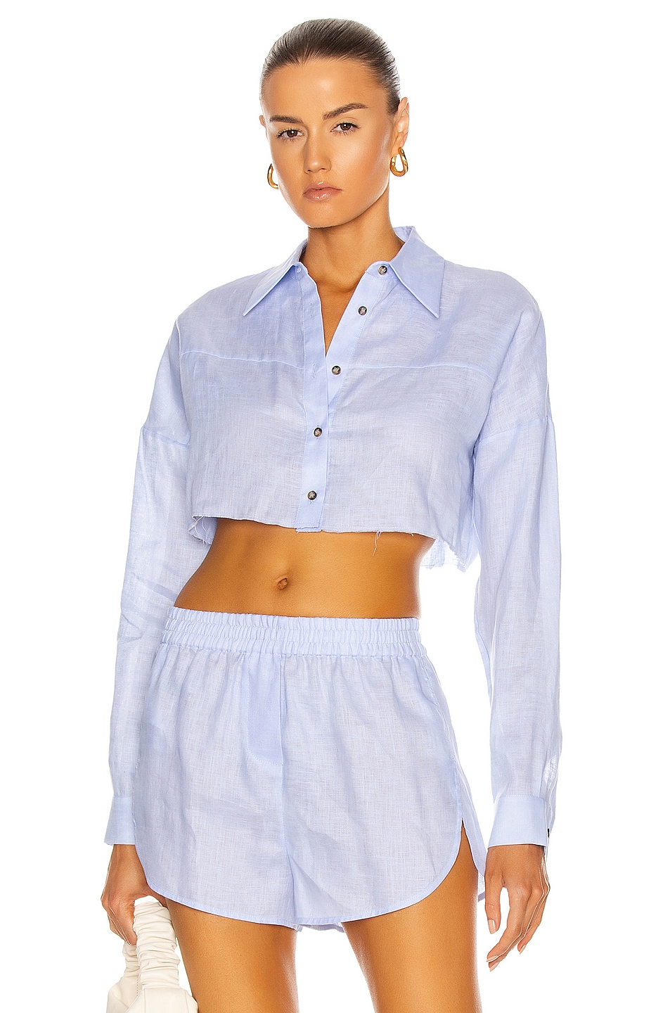 Image 1 of Zeynep Arcay Linen Crop Shirt in Light Blue