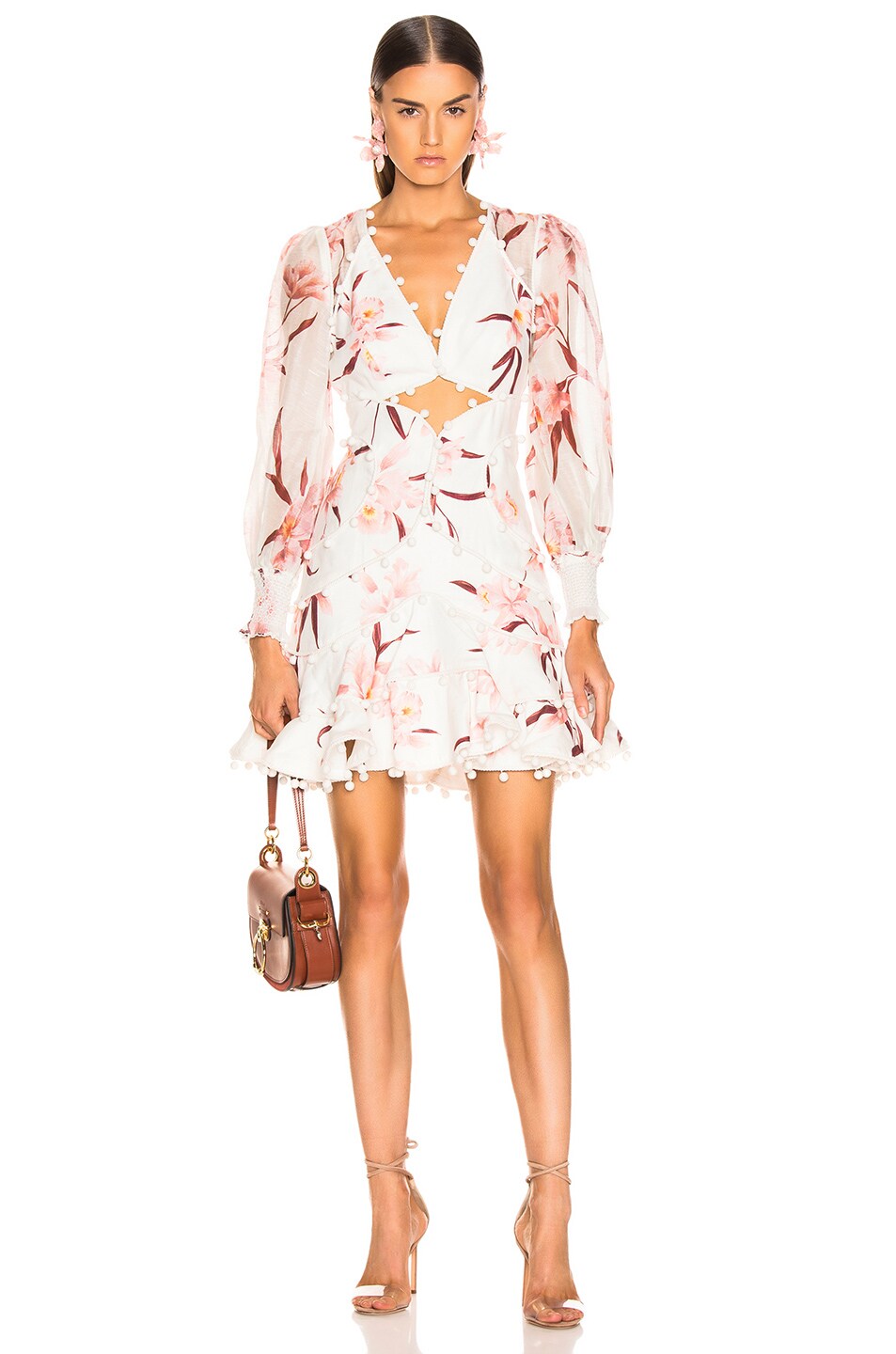 Image 1 of Zimmermann Corsage Bauble Mini Dress in Ivory & Peach Orchid