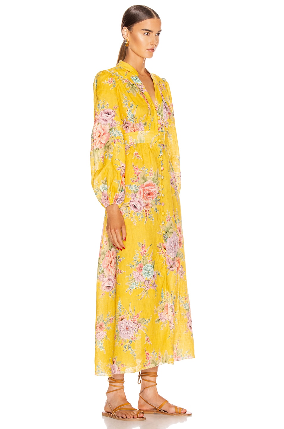 Zimmermann Zinnia Button Front Long Dress in Golden Floral | FWRD