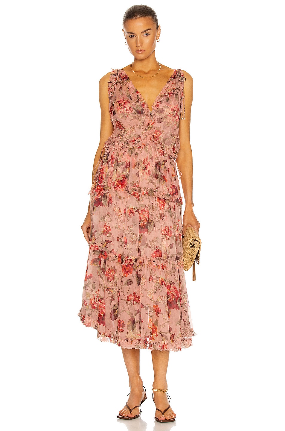 Image 1 of Zimmermann Cassia Frill Midi Dress in Musk Floral