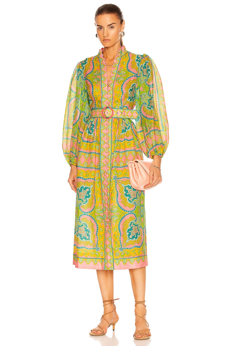 Image 1 of Zimmermann Estelle Buttoned Midi Dress in Pink & Green Paisley