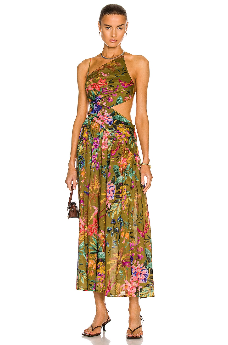 Image 1 of Zimmermann Tropicana Asymmetric Dress in Khaki Floral