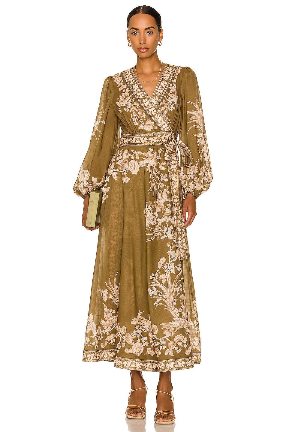 Image 1 of Zimmermann Wrap Midi Dress in Olive Bird
