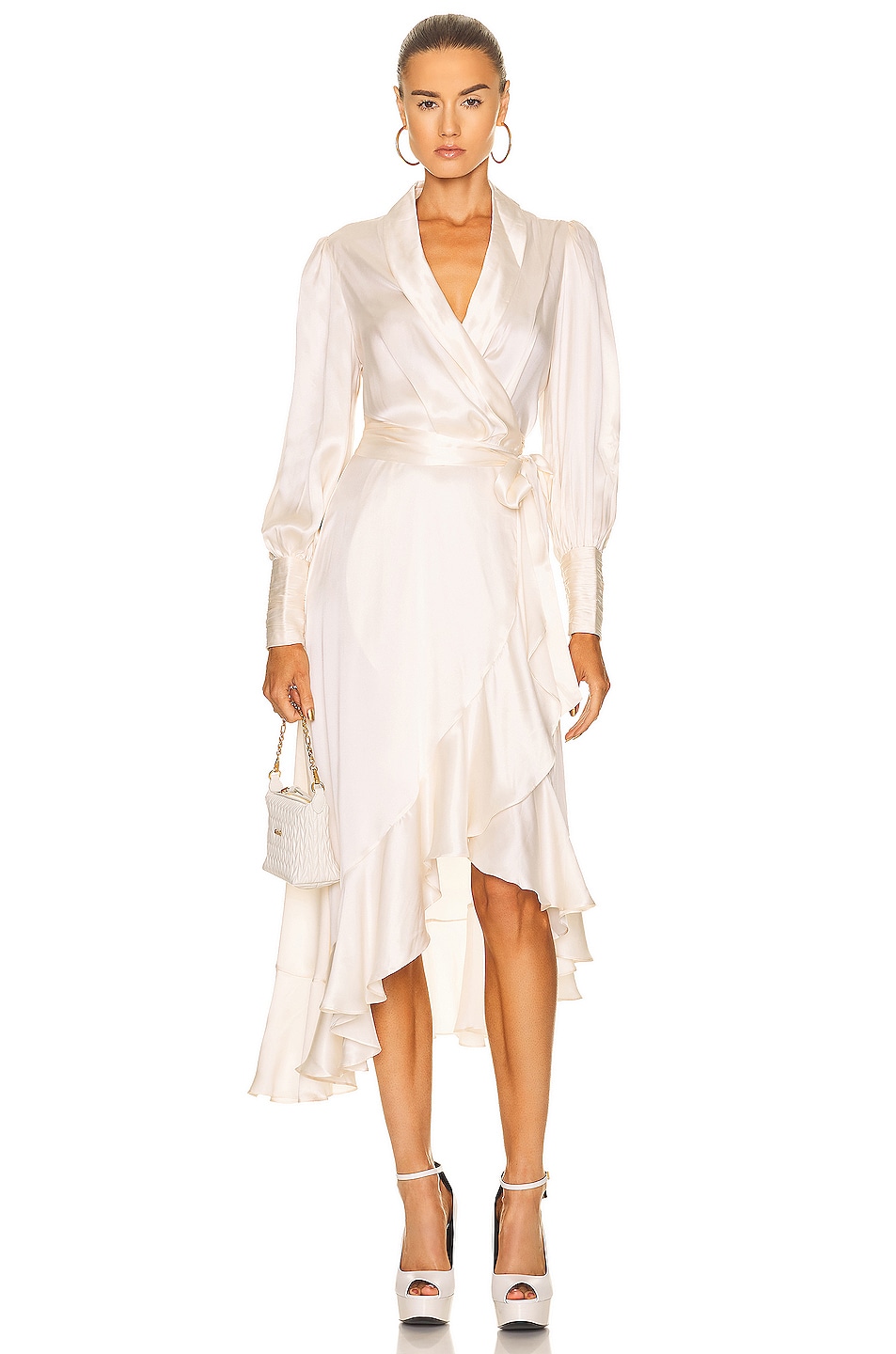 Image 1 of Zimmermann Silk Wrap Midi Dress in Milk