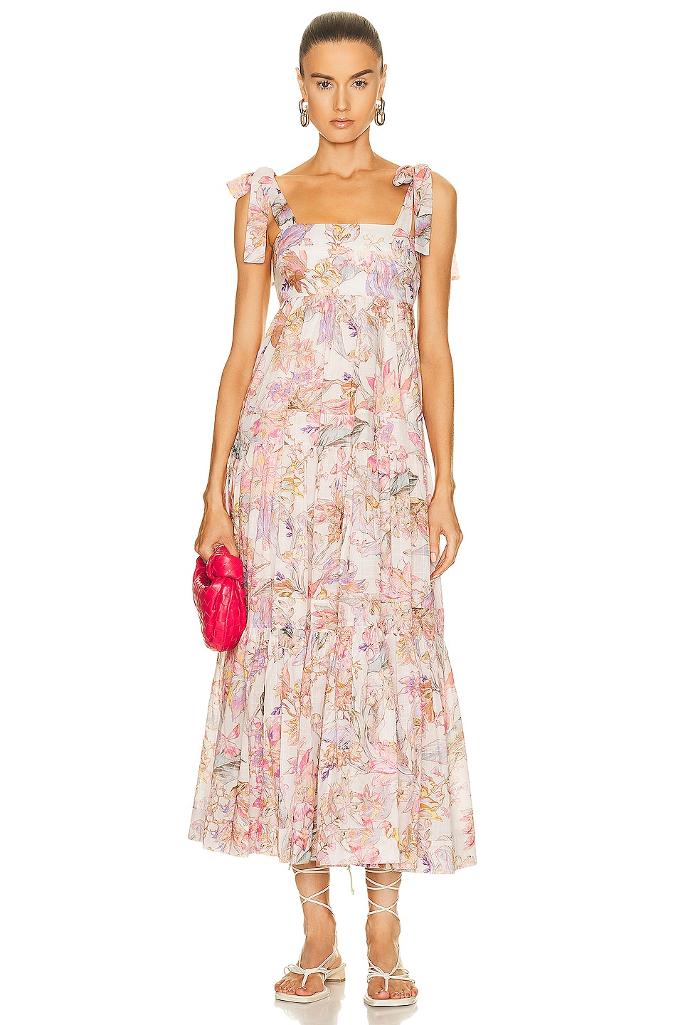 Image 1 of Zimmermann Cira Tie Shoulder Midi Dress in Pearl Multi Floral