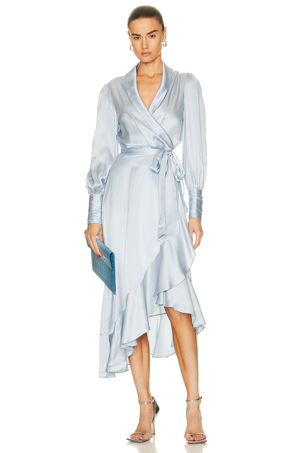 Image 1 of Zimmermann Silk Wrap Midi Dress in Ice Blue