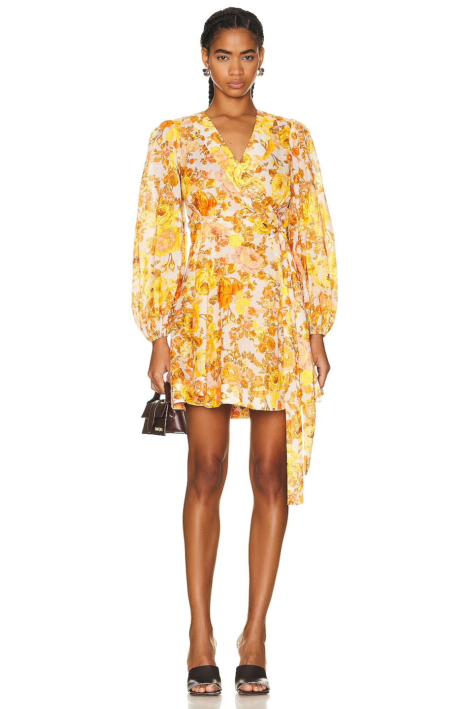 Image 1 of Zimmermann Raie Wrap Mini Dress in Yellow & Orange Floral