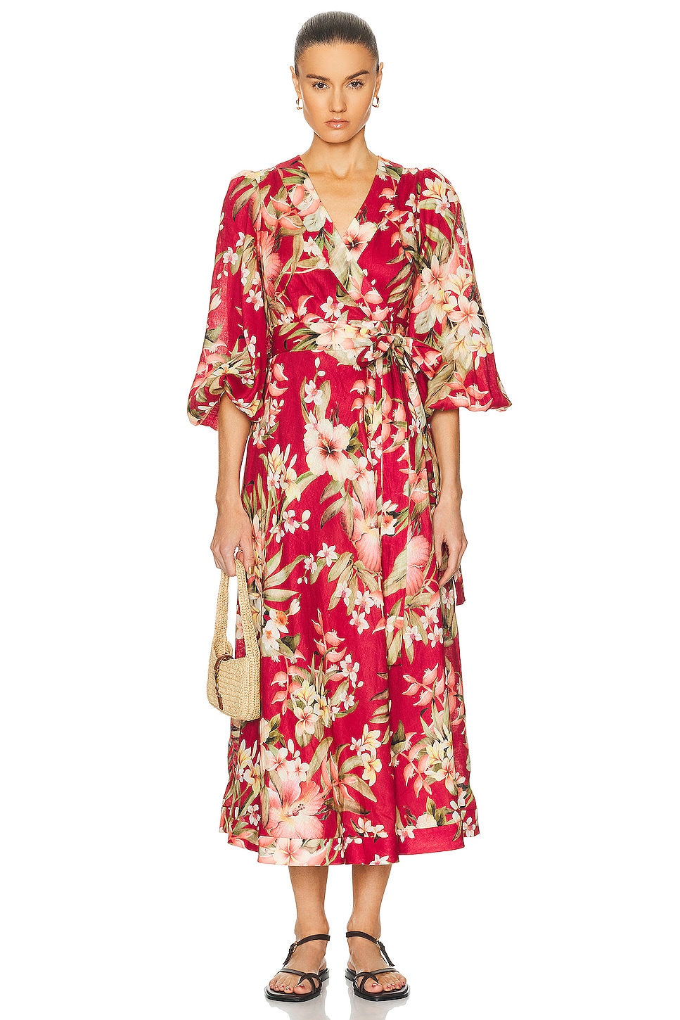 Image 1 of Zimmermann Lexi Wrap Long Dress in Red Palm