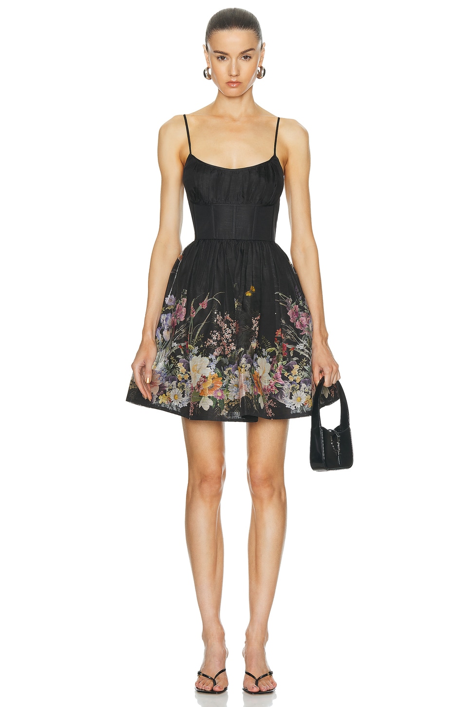 Image 1 of Zimmermann Natura Ruched Mini Dress in Black Wild Flowers