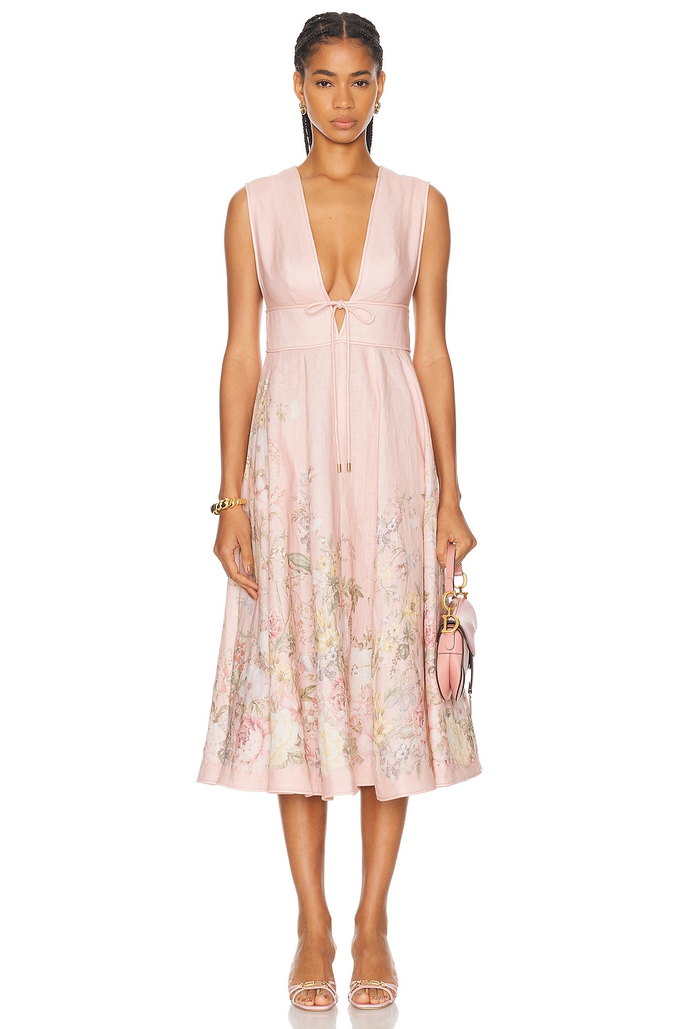 Image 1 of Zimmermann Waverly Plunge Midi Dress in Pink Floral