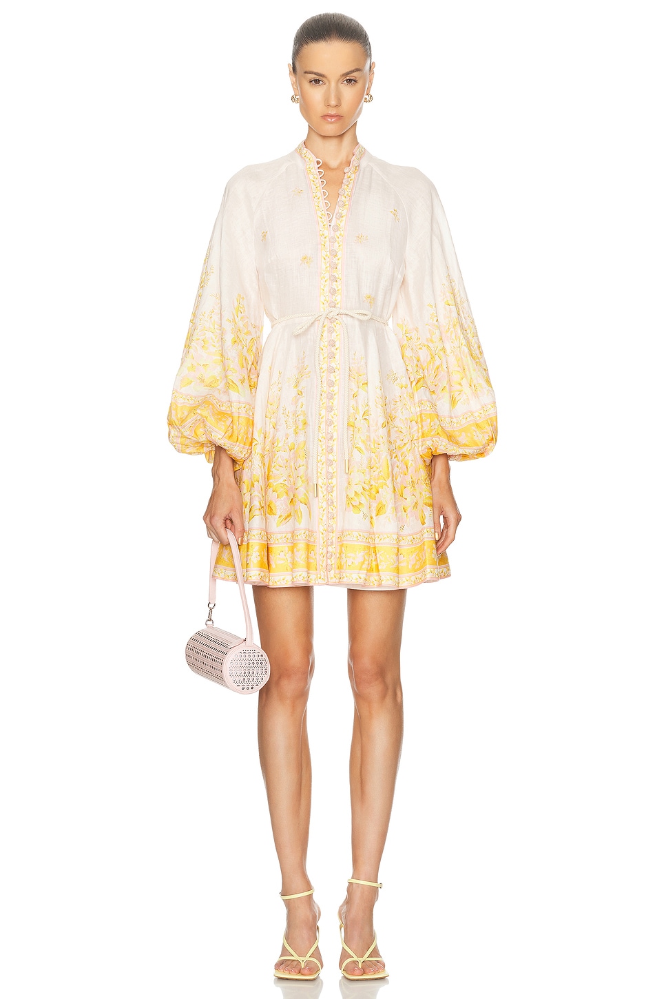 Image 1 of Zimmermann Golden Buttoned Mini Dress in Pink & Gold Floral