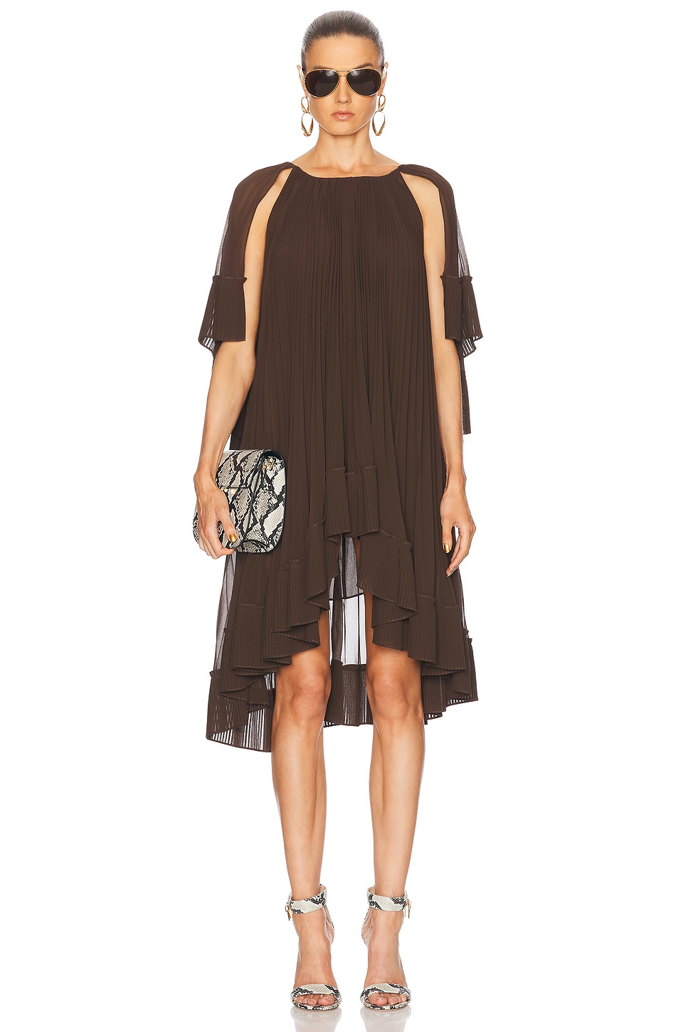 Image 1 of Zimmermann Illuminate Pleated Cape Mini Dress in Chocolate