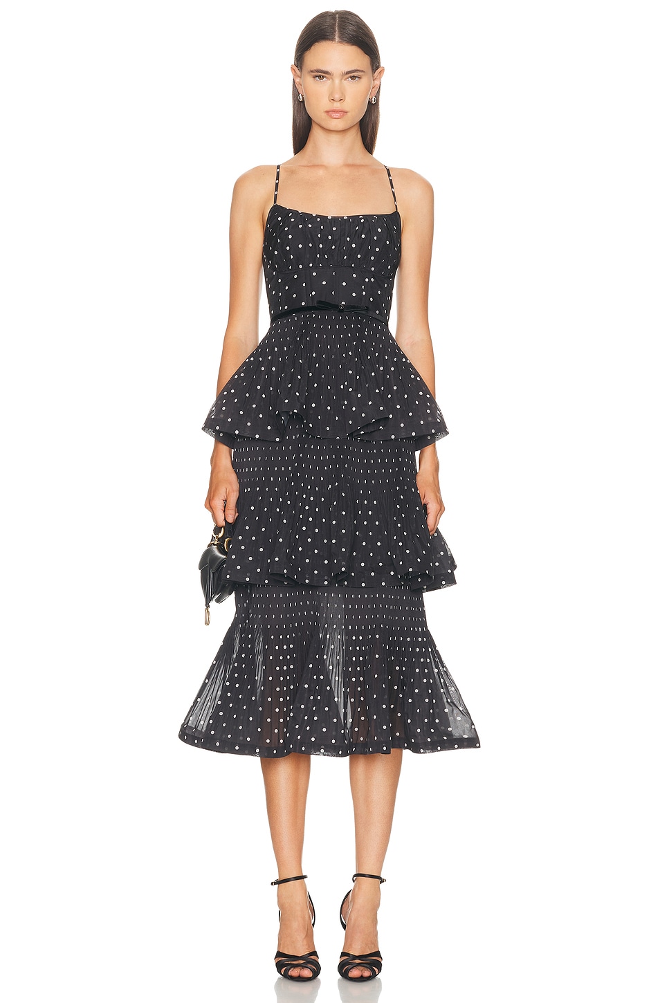 Image 1 of Zimmermann Pleated Tiered Midi Dress in Black & Cream Polkadot