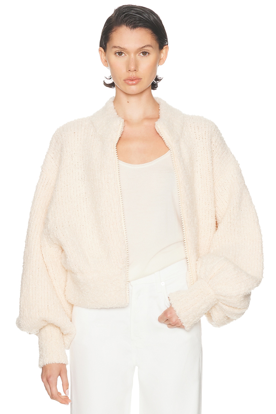 Image 1 of Zimmermann Hypnotic Boucle Knit Bomber Jacket in Chalk