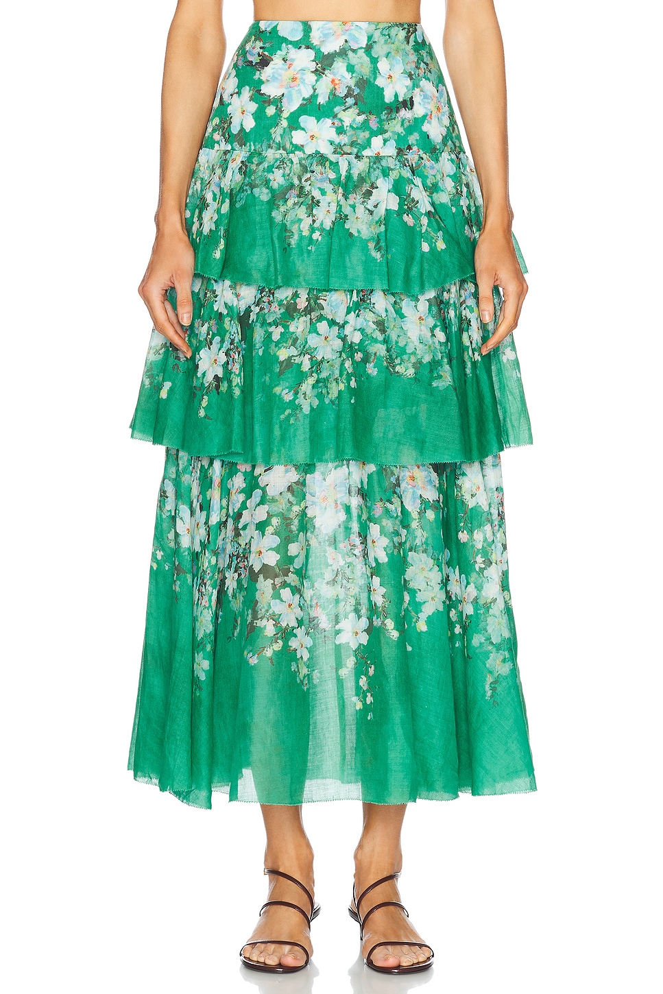 Image 1 of Zimmermann Everley Tiered Midi Skirt in Green Watercolour Floral