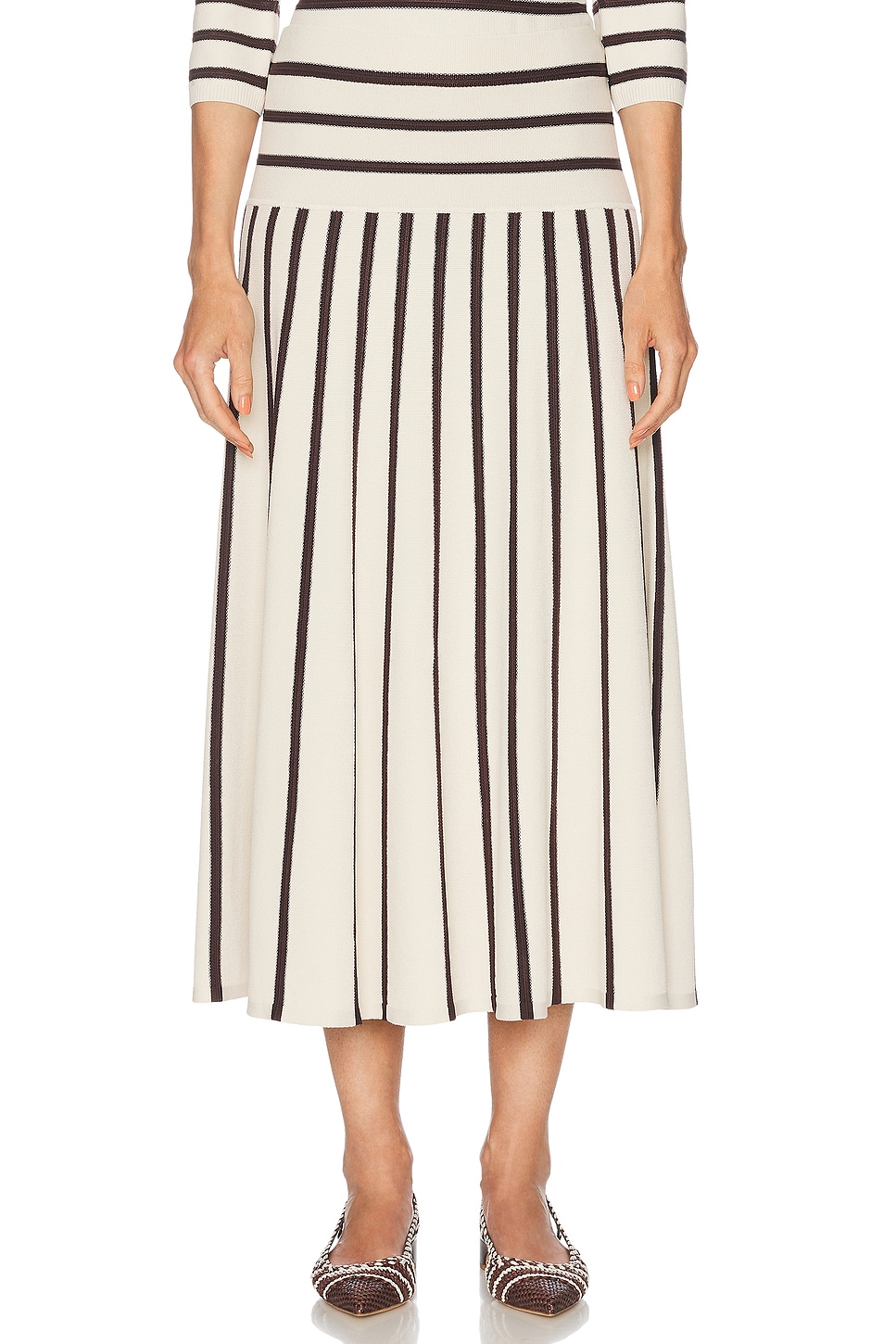 Image 1 of Zimmermann Illuminate Stripe Midi Skirt in Cream & Chocolate