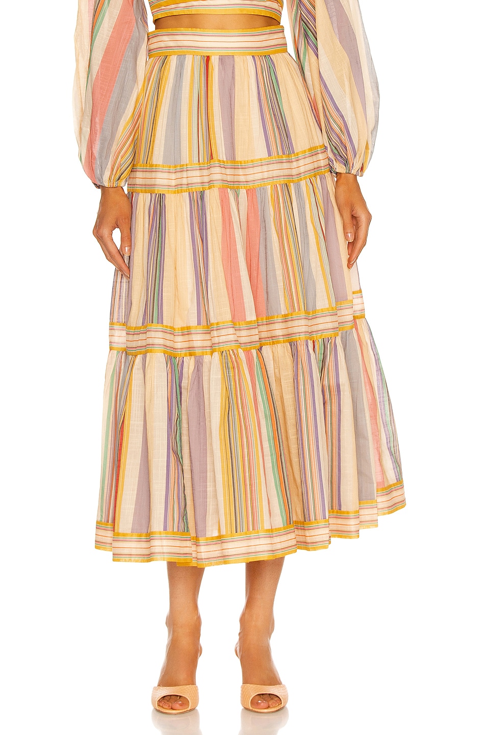 Image 1 of Zimmermann Mae Long Tiered Skirt in Multi Stripe