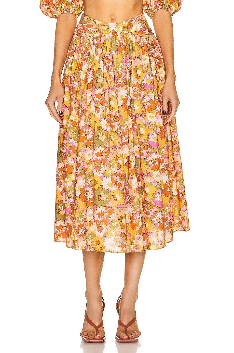 Image 1 of Zimmermann Twist Waist Skirt in Khaki Multi Floral