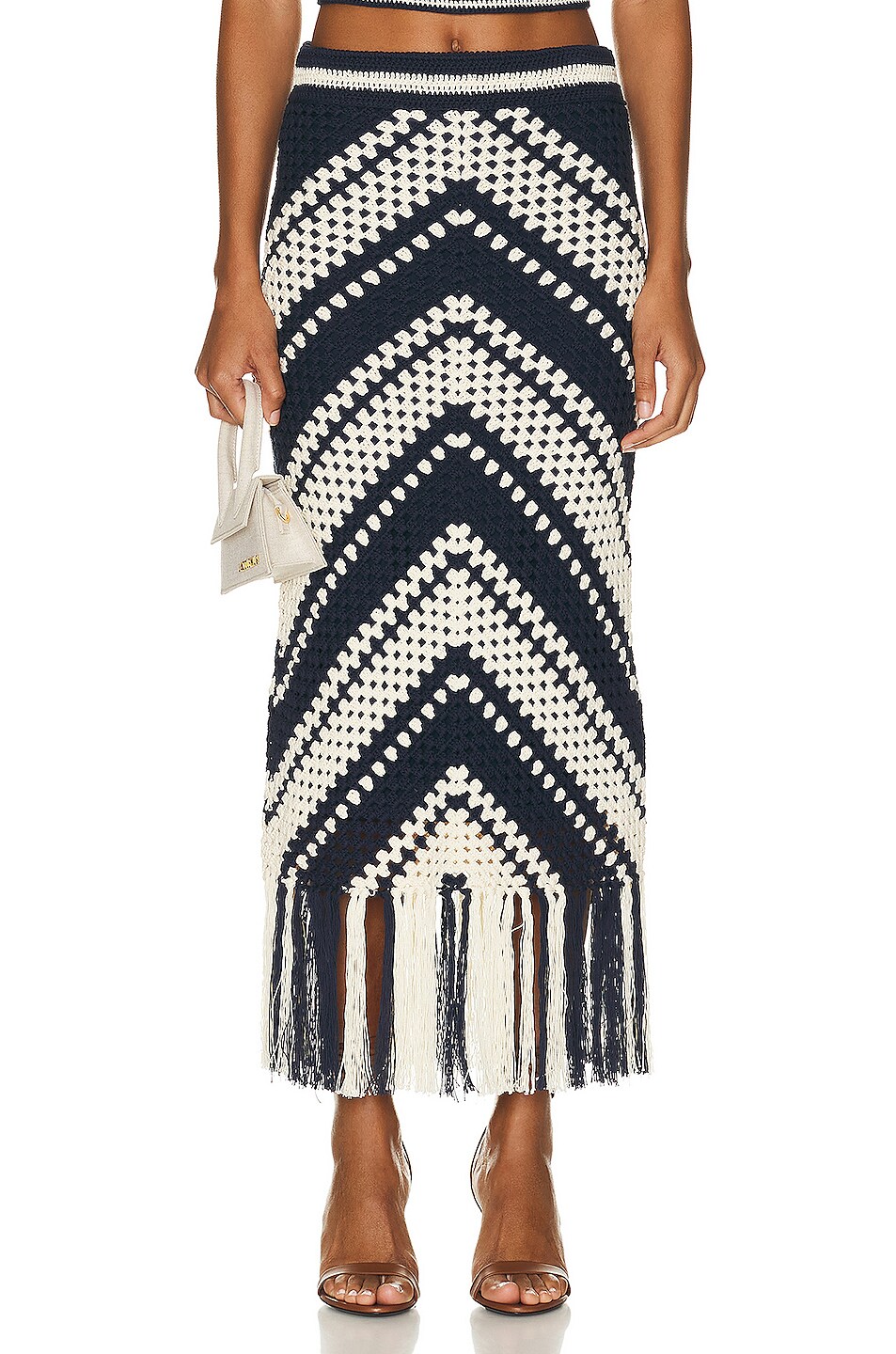 Zimmermann Chintz Crochet Fringed Skirt in Cream & Navy FWRD