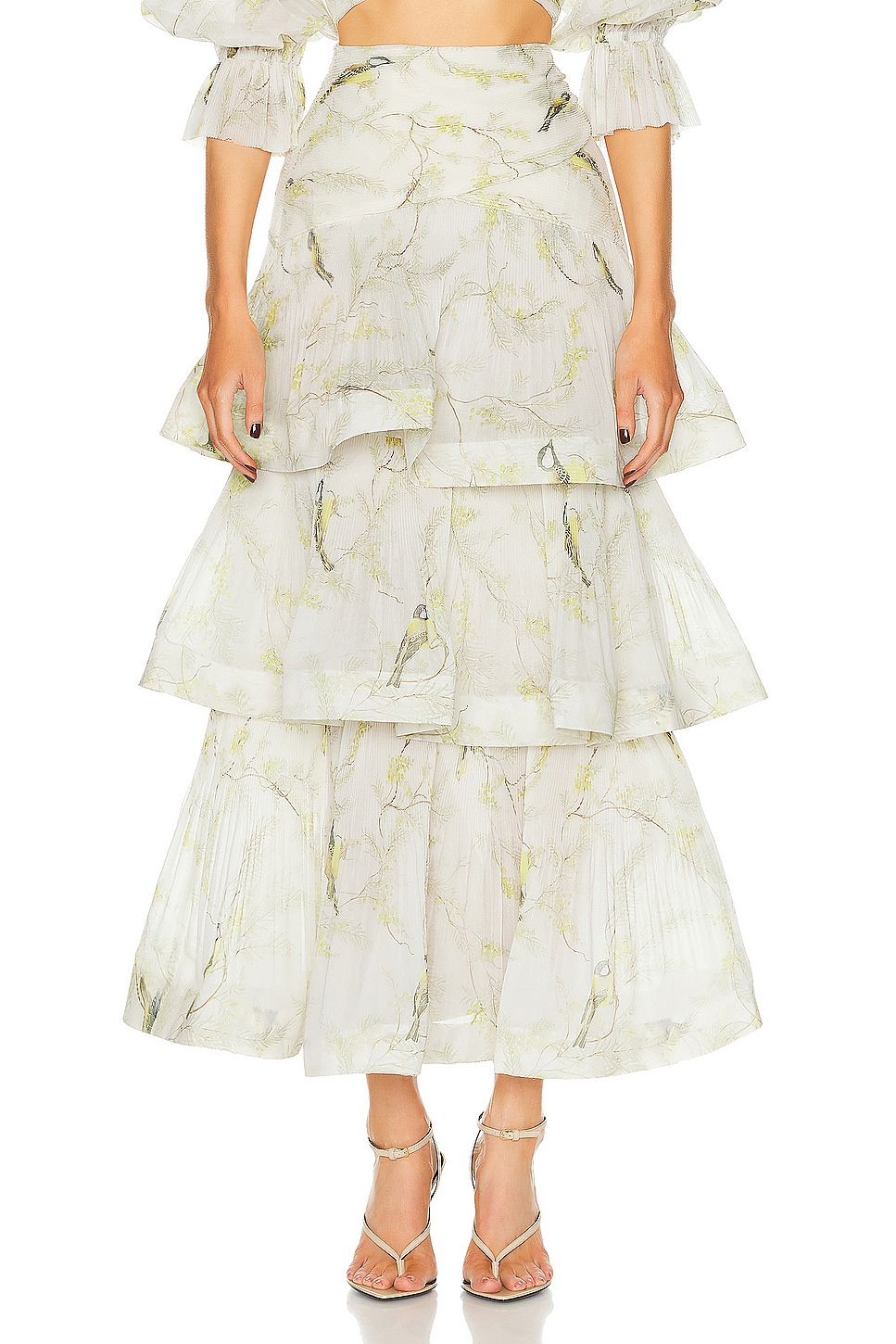 Image 1 of Zimmermann Pleated Tiered Skirt in Acacia Birds