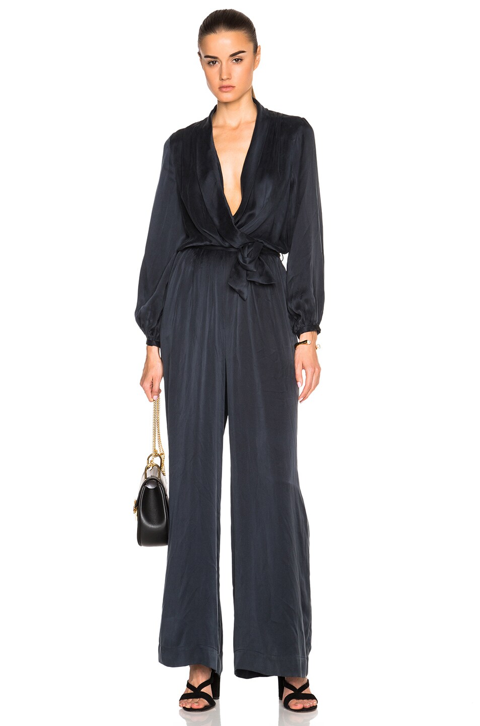 Image 1 of Zimmermann Suede Silk Wrap Jumpsuit in French Navy